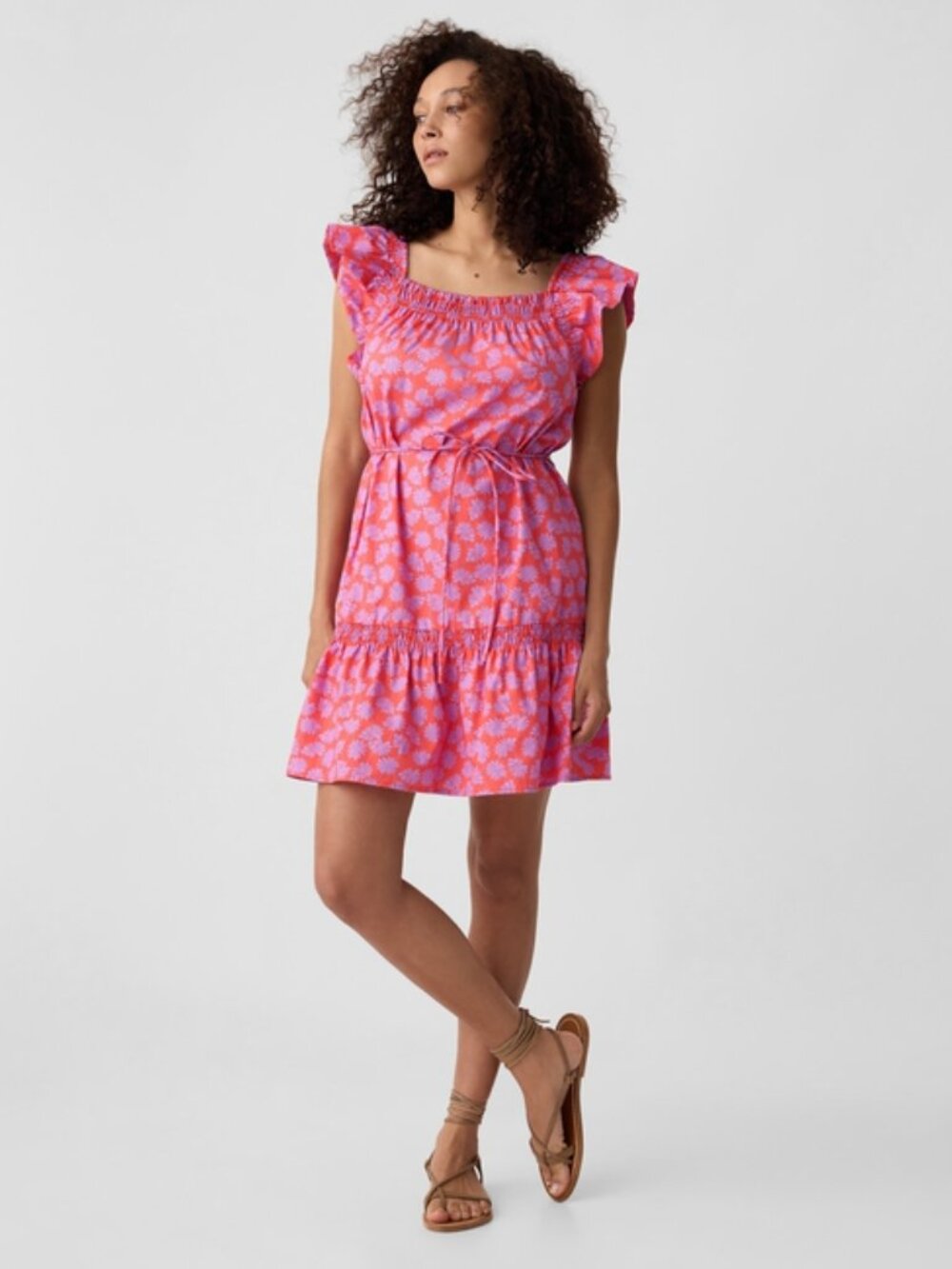 Flutter Sleeve Square Neck Mini Dress | Coral Daisy Floral Print | Tiered | M